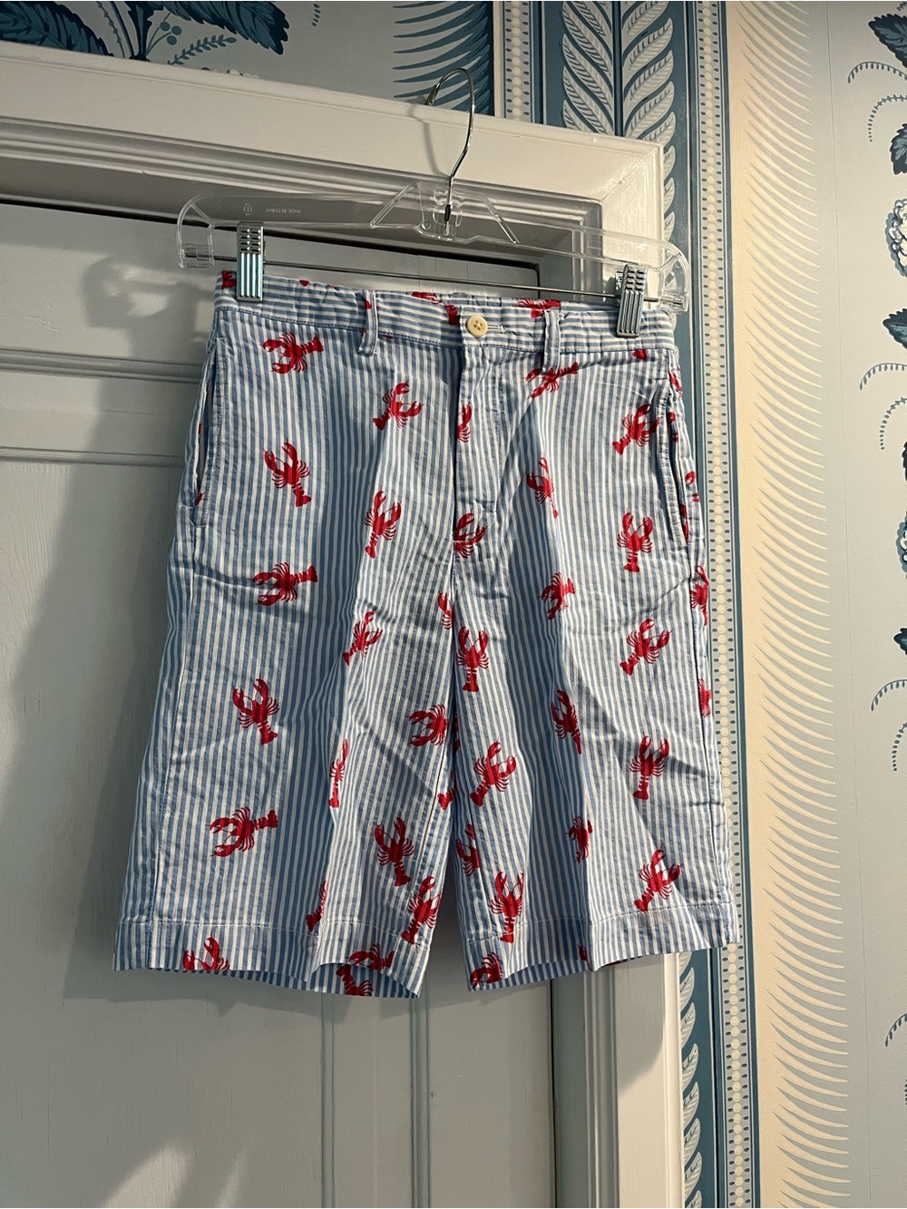 Vineyard Vines Blue & White Seersucker Shorts with Red Lobster Print